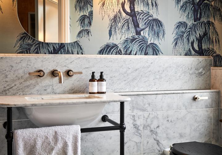 Chic blue and white bathroom interiors at London hotel, The Lost Poet